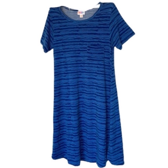LuLaRoe Midi T-Shirt Dress Blue Cobalt Nautical Zig Zag Straight Line Oversized - Picture 1 of 17
